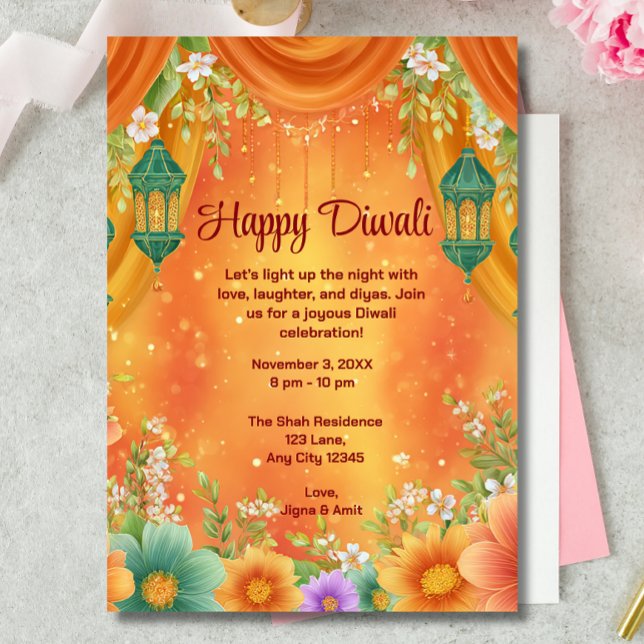 Invitación Celebración de Diwali, Naranja amarillo Ornate Diw (Subido por el creador)