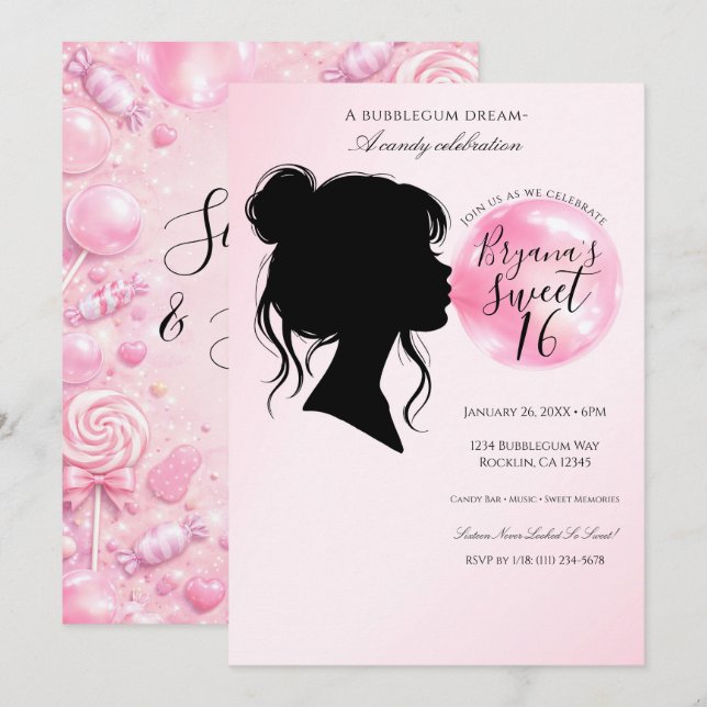 Invitación Celebración de Dulces Sueños de Chicle Rosa Cumple (Anverso / Reverso)