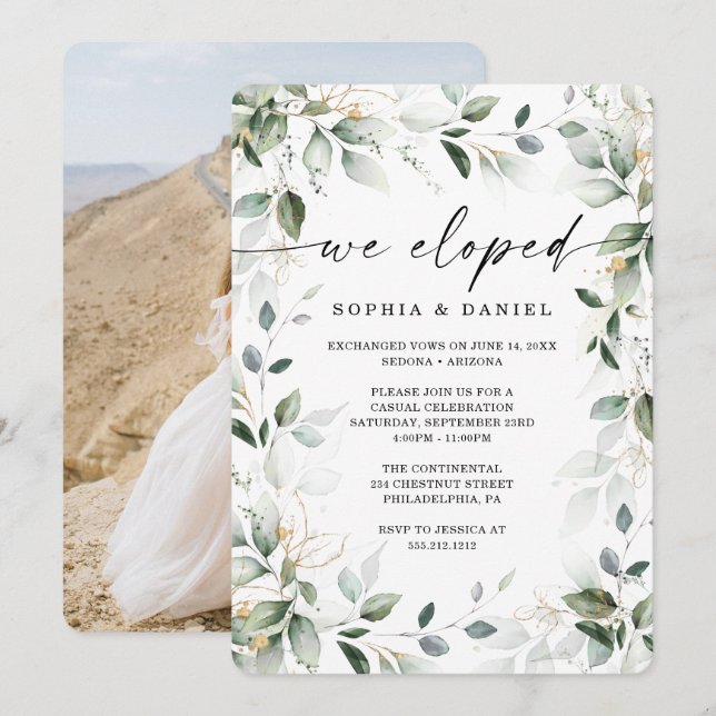 Invitación Celebración de Elopamiento con Verde Acuarela y Do (Anverso / Reverso)