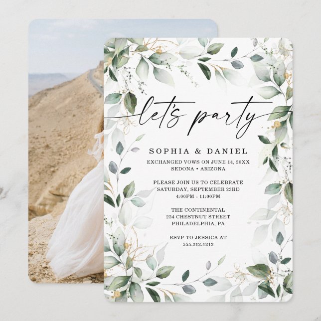 Invitación Celebración de Elopement Verde Dorado Acuarela (Anverso / Reverso)