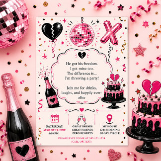 Invitación Celebración de fiesta de divorcio rosa y negro |