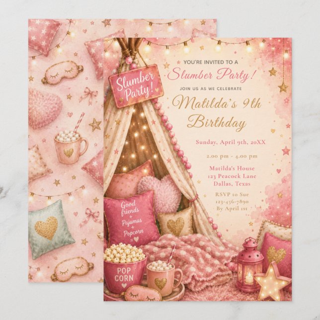 Invitación Celebración de fiesta de pijamas rosa (Anverso / Reverso)