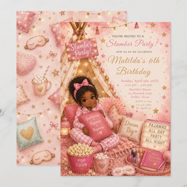 Invitación Celebración de fiesta de pijamas rosa (Anverso / Reverso)
