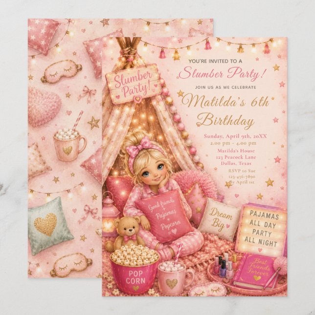 Invitación Celebración de fiesta de pijamas rosa (Anverso / Reverso)