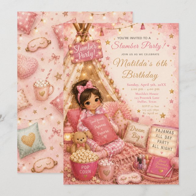 Invitación Celebración de fiesta de pijamas rosa (Anverso / Reverso)