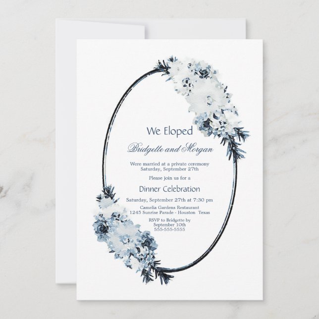 Invitación Celebración de fuga de novios con flores azules rú (Anverso)