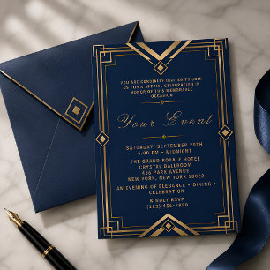 Invitación Celebración de gala art déco de lujo en azul marin