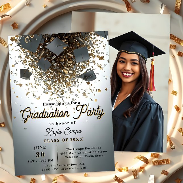Invitación Celebración de graduación con Caps y Confetti Flai (Subido por el creador)