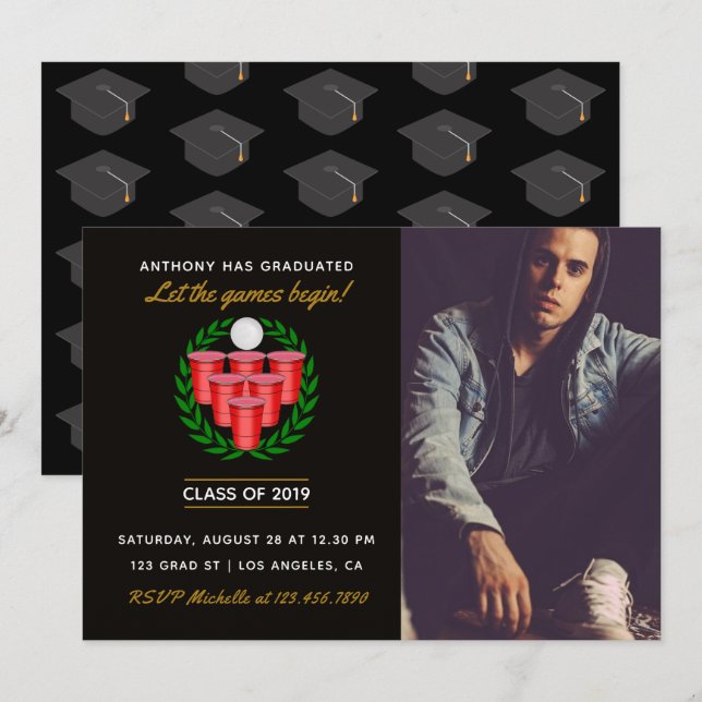 Invitación Celebración de graduación de Beer Pong fiesta agre (Anverso / Reverso)