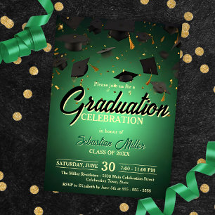 Invitación Celebración de Graduación de Confetti Verde y Caps