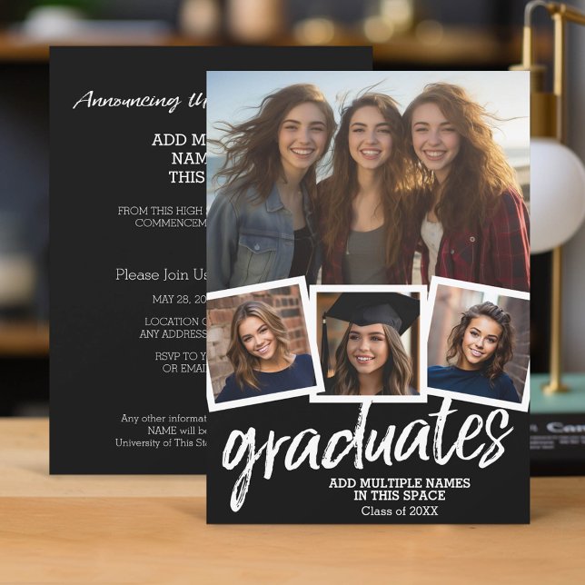 Invitación Celebración de graduación de grupo - 4 fotos en ne (Group Graduation Invitation with 4 Photos and Party Information)