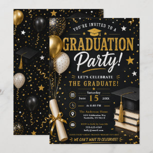 Invitación Celebración de graduación negra y dorada