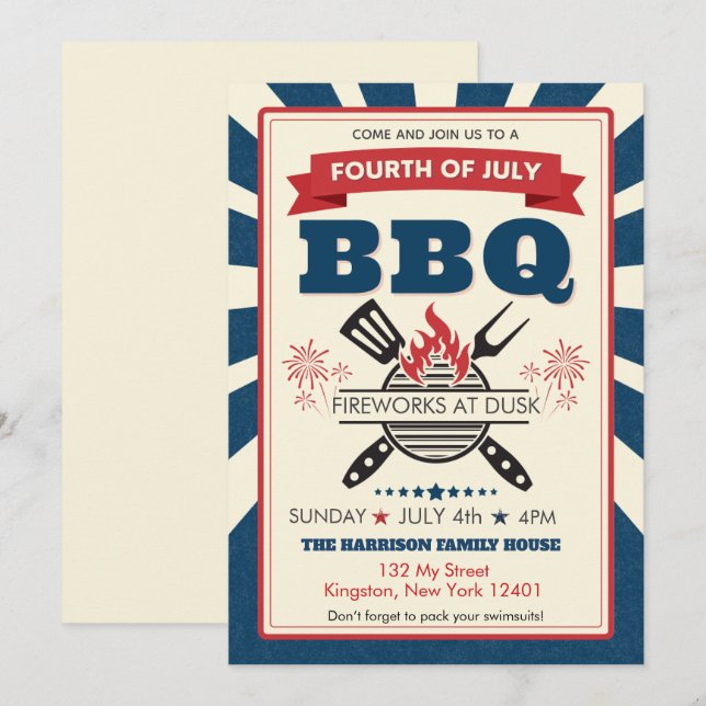 Invitación Celebración de la barbacoa Fiesta del 4 de julio d (Anverso / Reverso)