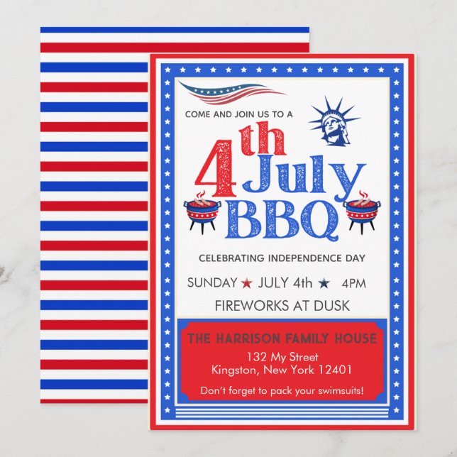 Invitación Celebración de la barbacoa Fiesta del 4 de julio d (Anverso / Reverso)