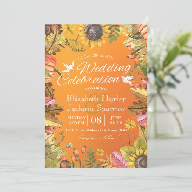 Invitación Celebración de la boda otoño Calabaza de hojas de  (Anverso de pie)