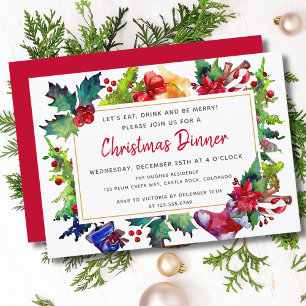 Invitación Celebración de la comida de Navidad en acuarela