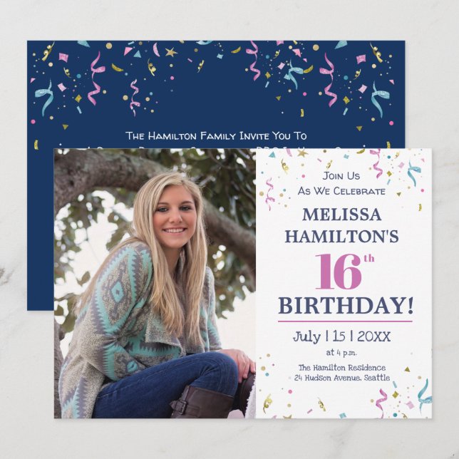 Invitación Celebración de la fiesta de cumpleaños 16 con foto (Anverso / Reverso)