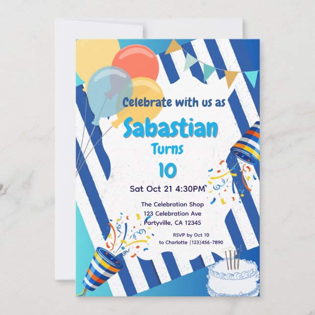 Invitación Celebración de la fiesta de cumpleaños Azul (Anverso)