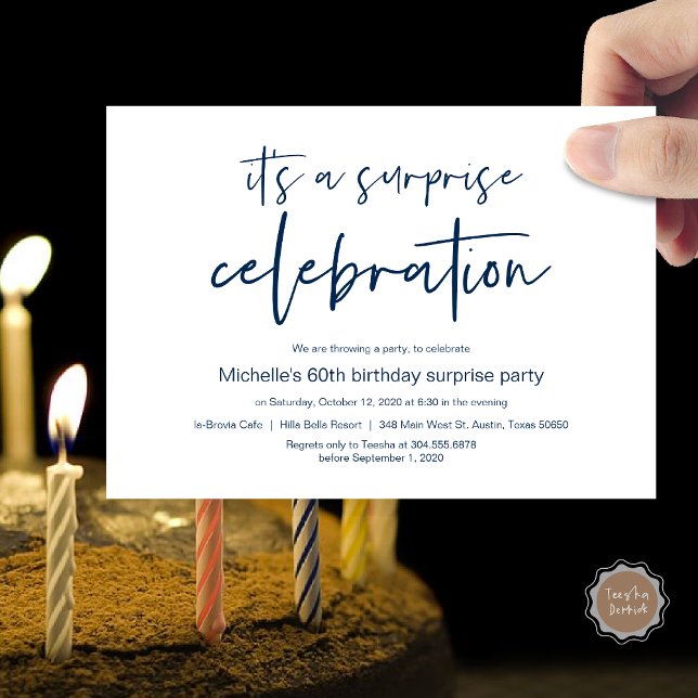 Invitación Celebración de la fiesta de cumpleaños sorpresa (Surprise Birthday Party Celebration Invitation Card, PDF, in Navy Blue)