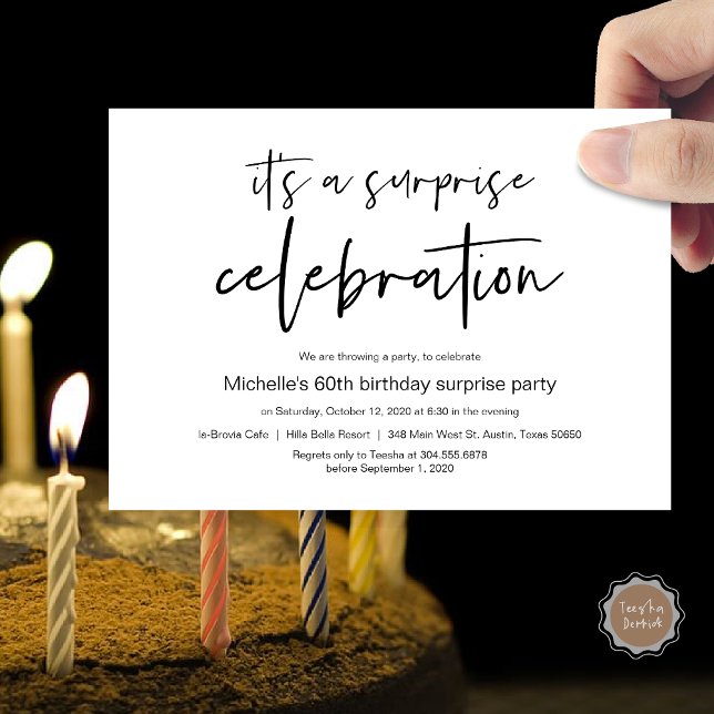 Invitación Celebración de la fiesta de cumpleaños sorpresa (It's a surprise celebration, Birthday invitation card, pdf, modern script, in black and white)