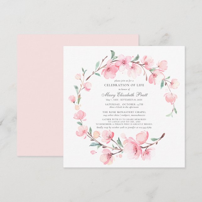 Invitación Celebración de la flor de cerezo rosa funeral de l (Anverso / Reverso)