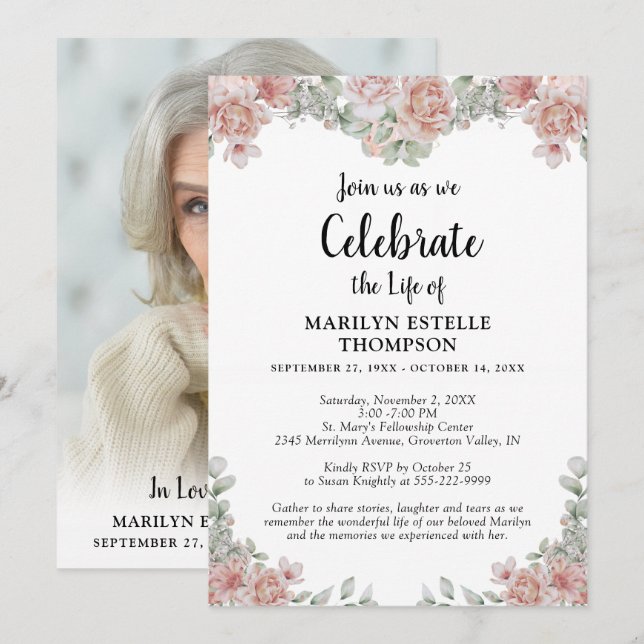Invitación Celebración de la foto de Keepsake de la flor rosa (Anverso / Reverso)