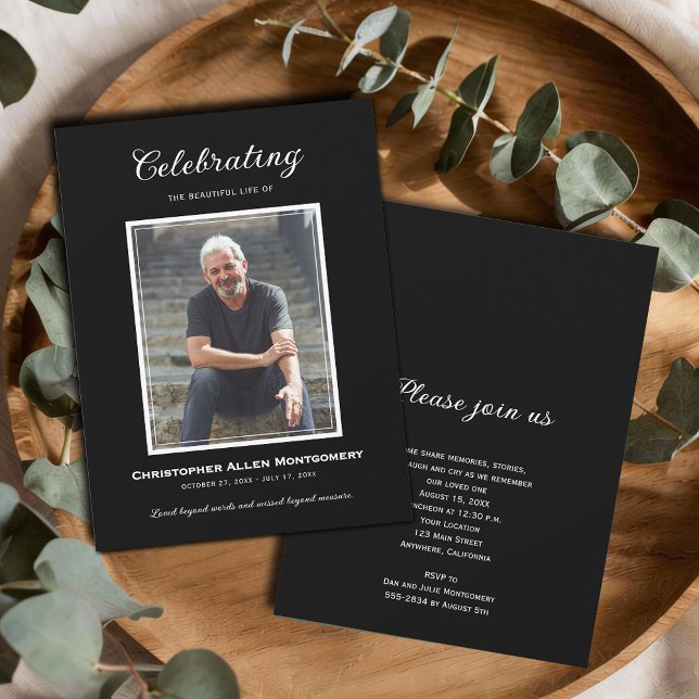 Invitación Celebración de la Funeral Memorial de Vida (Celebration of Life photo funeral black invitations, PRINTED and/or INSTANT DOWNLOAD)