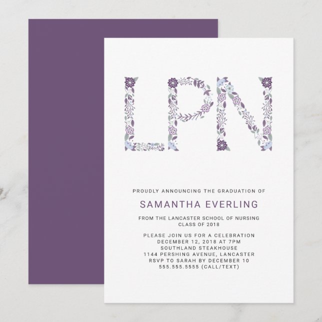 Invitación Celebración de la graduación de LPN, morada de enf (Anverso / Reverso)