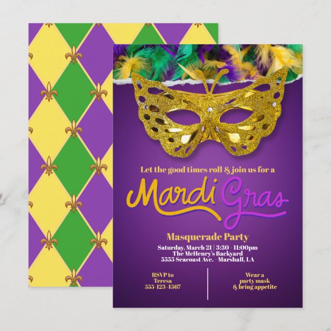 Invitación Celebración de la Máscara de Oro de Mardi Gras (Anverso / Reverso)