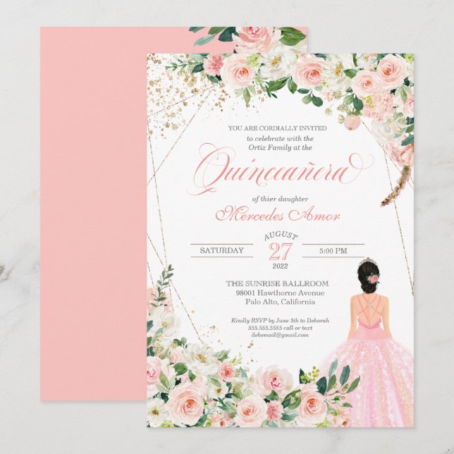 Invitación Celebración de la Quinceanera floral de rosas rosa (Anverso / Reverso)