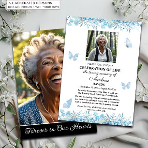 Invitación Celebración de la Vida 2 Fotos Funeral Floral Azul