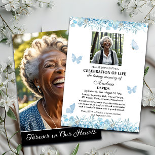 Invitación Celebración de la Vida 2 Fotos Funeral Floral Azul