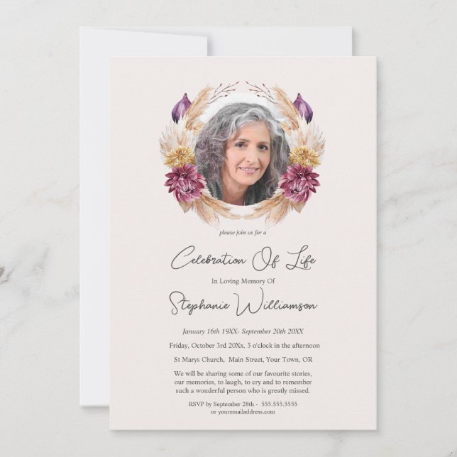 Invitación Celebración de la vida 5 Foto Funeral Floral de ot (Anverso)
