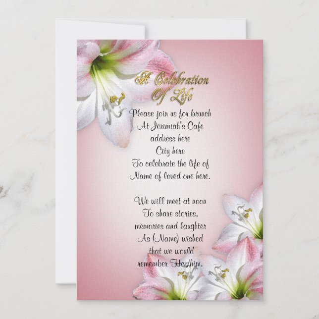 Invitación Celebración de la vida acuarela amaryllis (Anverso)