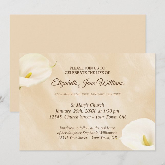 Invitación Celebración de la vida | Acuarela Funeral Lilly (Anverso / Reverso)