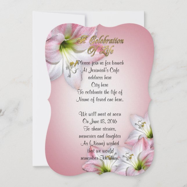 Invitación Celebración de la vida amaryllis (Anverso)