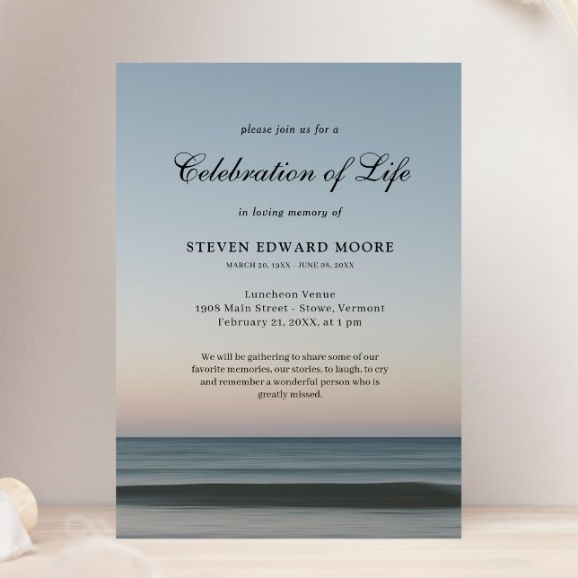 Invitación Celebración de la vida azul gris en el océano de p (Ocean Celebration of Life Invitation)