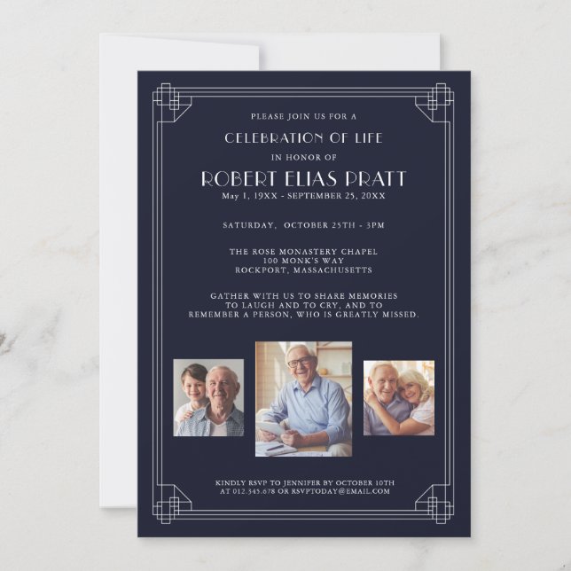 Invitación Celebración de la vida Azul oscuro Blanco 3 Foto I (Anverso)