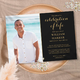 Invitación Celebración de la vida Black And Gold Funeral Phot