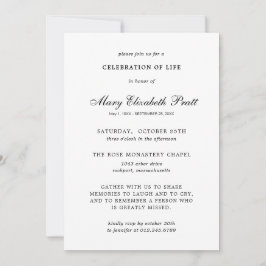 Invitación Celebración de la vida Black White Elegant Funeral