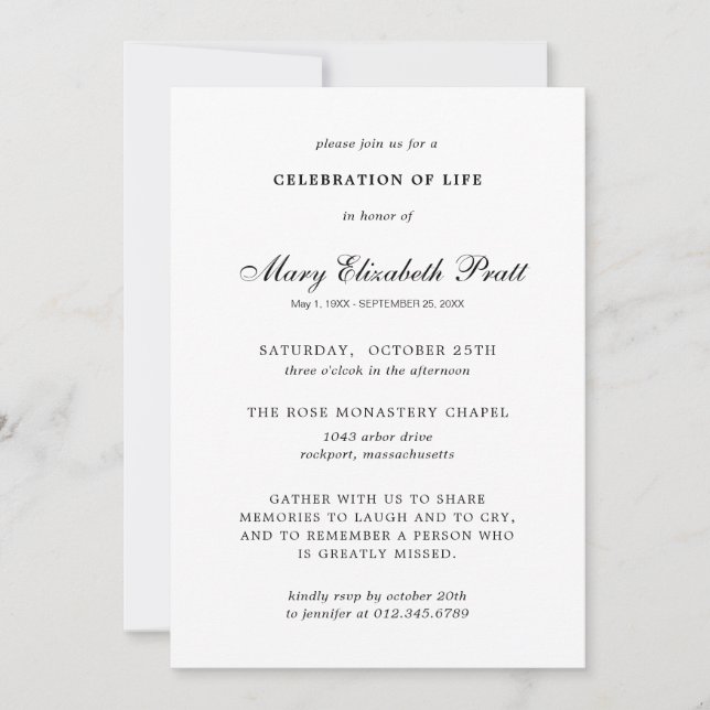 Invitación Celebración de la vida Black White Elegant Funeral (Anverso)