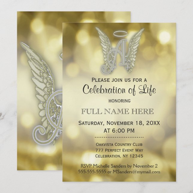 Invitación Celebración de la vida - Bokeh de oro (Anverso / Reverso)