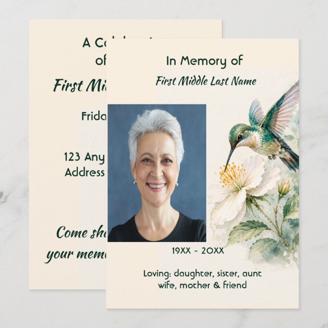 Invitación Celebración de la Vida Colibrí Flores Blancas (Anverso / Reverso)