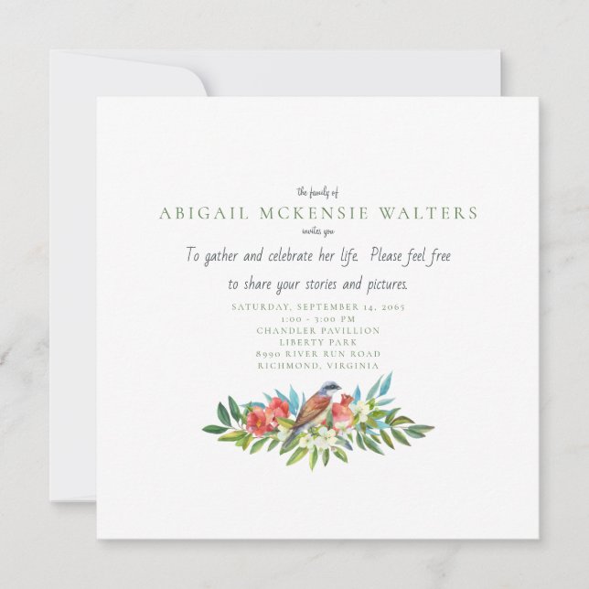 Invitación Celebración de la vida con aves funerales y granad (Anverso)