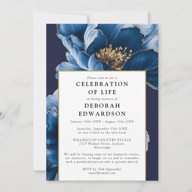 Invitación Celebración De La Vida Con Flores Azules De La Mar (Anverso)