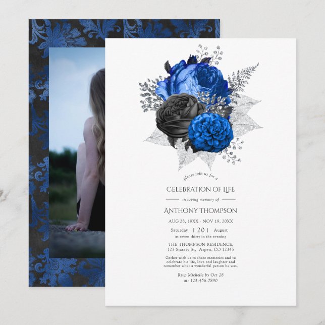 Invitación Celebración de la vida con flores azules, negras y (Anverso / Reverso)