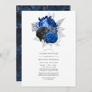 Invitación Celebración de la vida con flores azules, negras y