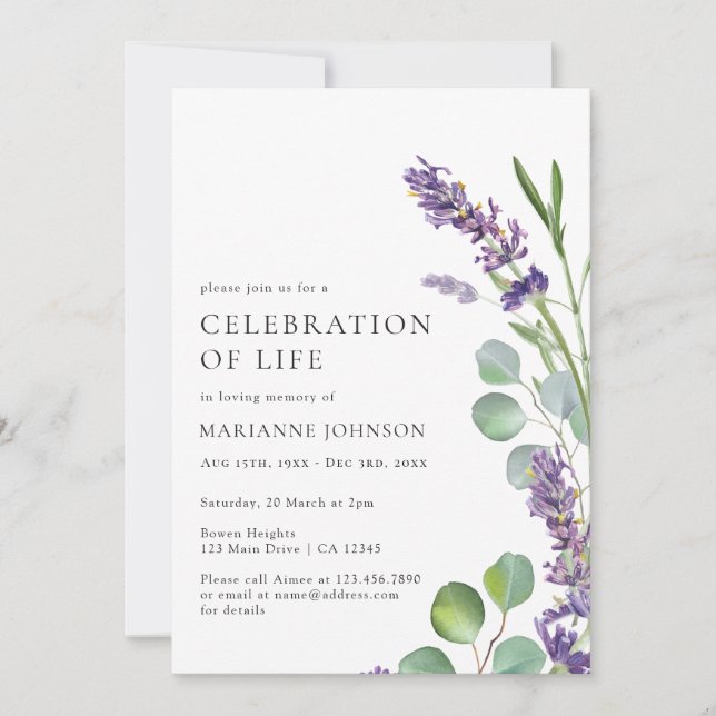 Invitación Celebración de la vida con flores de lavanda moder (Anverso)