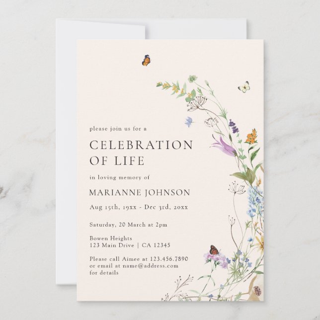 Invitación Celebración de la vida con flores de mariposa silv (Anverso)