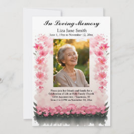 Invitación Celebración de la vida con flores rosadas y hojas